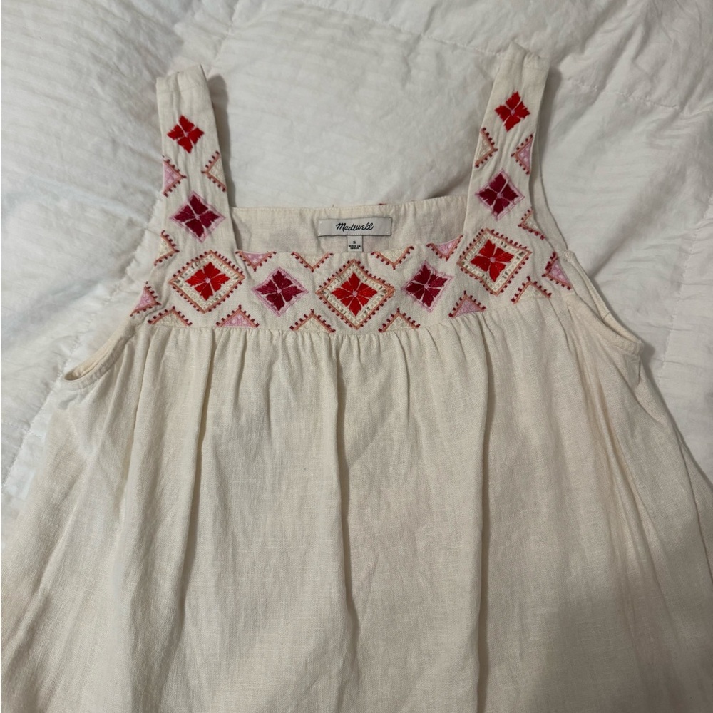 Madewell Cream Top with Red and Pink Embroidery